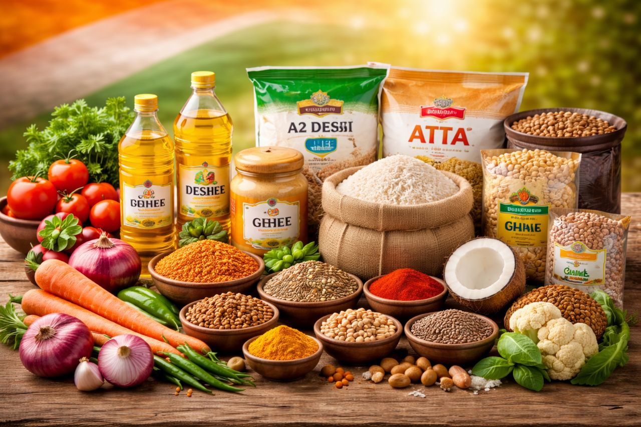 Made in India grocery essentials including rice, atta, pulses, spices, and fresh vegetables