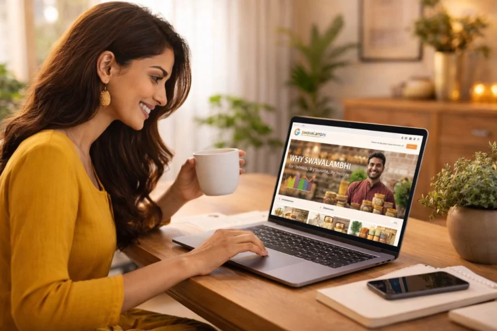 Modern Indian woman shopping on Swavalambhi online marketplace supporting Indian sellers